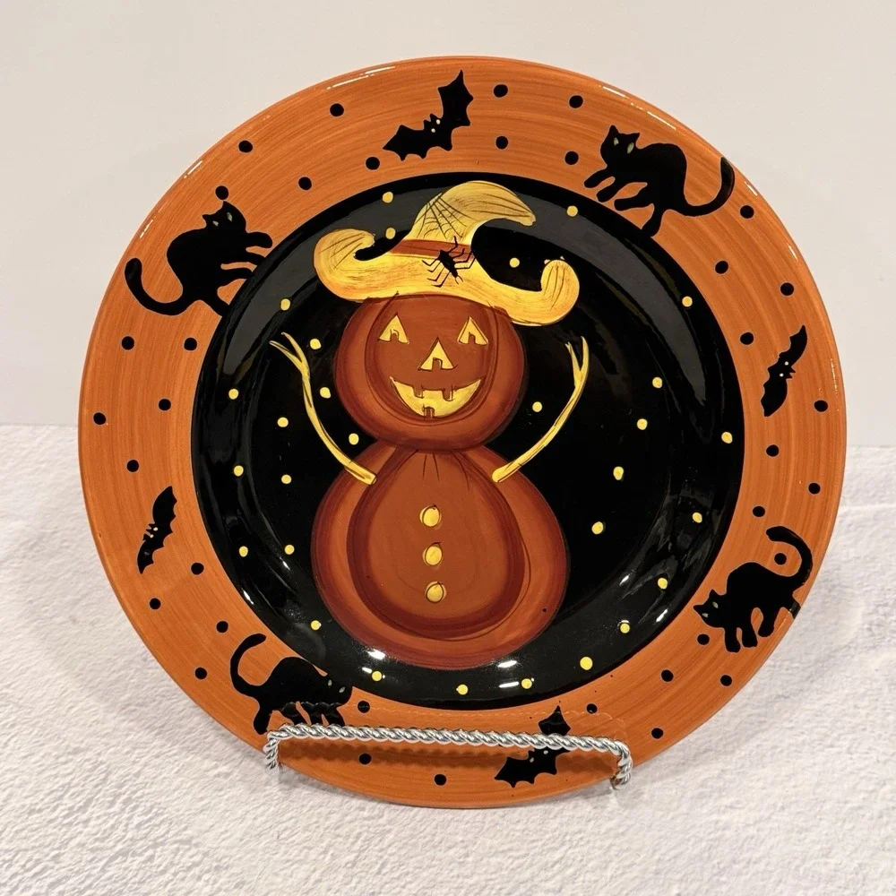 Laurie Gates Halloween Ware Ceramic Pumpkin Snowman Plate Fall Decor Cats Bats
